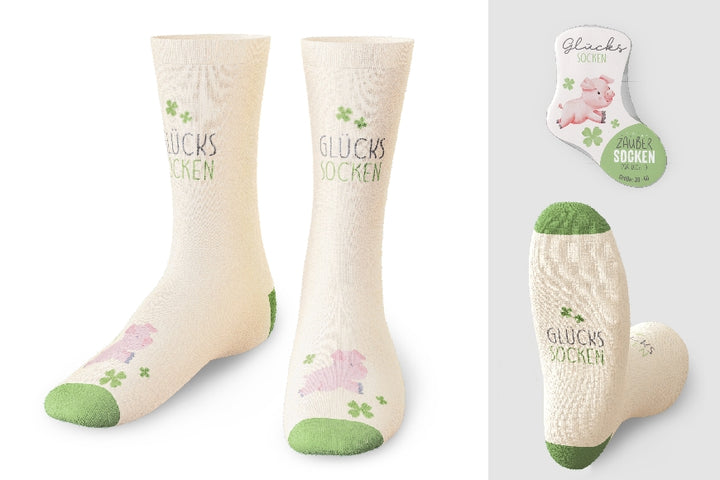 Zaubersocken von Geschenk für Dich mit Aufschrift Glückssocken mit Motiv Glücksschwein und Kleeblättern