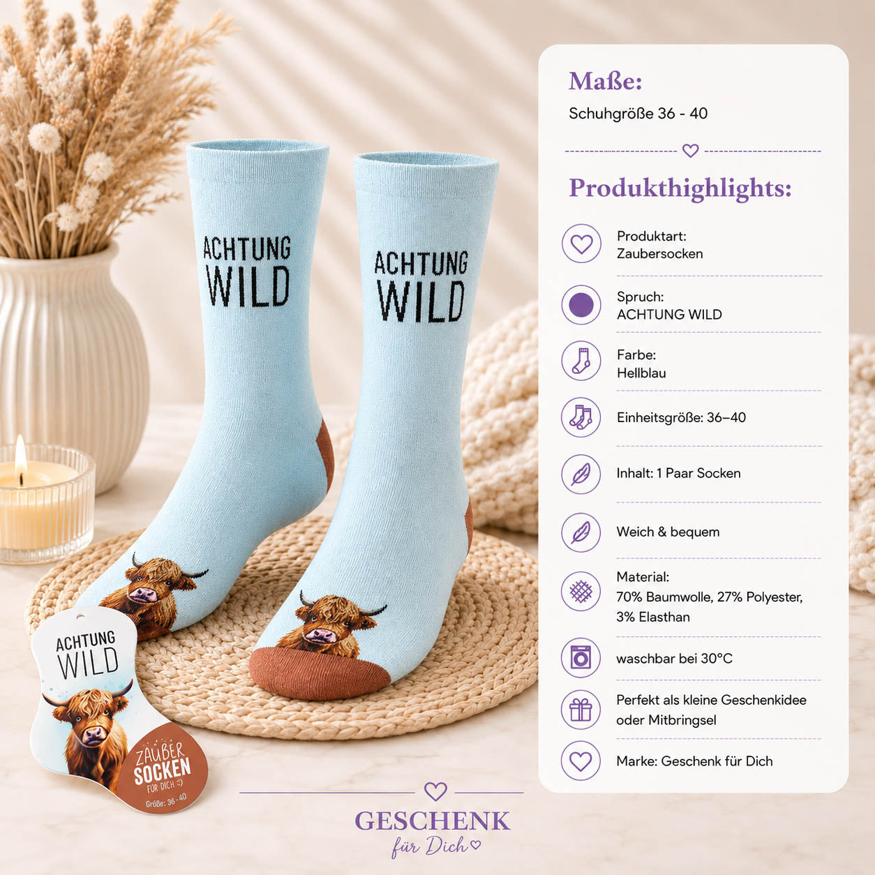 Infografik Zaubersocken Achtung Wild – Highland-Rind, Größe 36-40, 70% Baumwolle, waschbar bei 30 Grad
