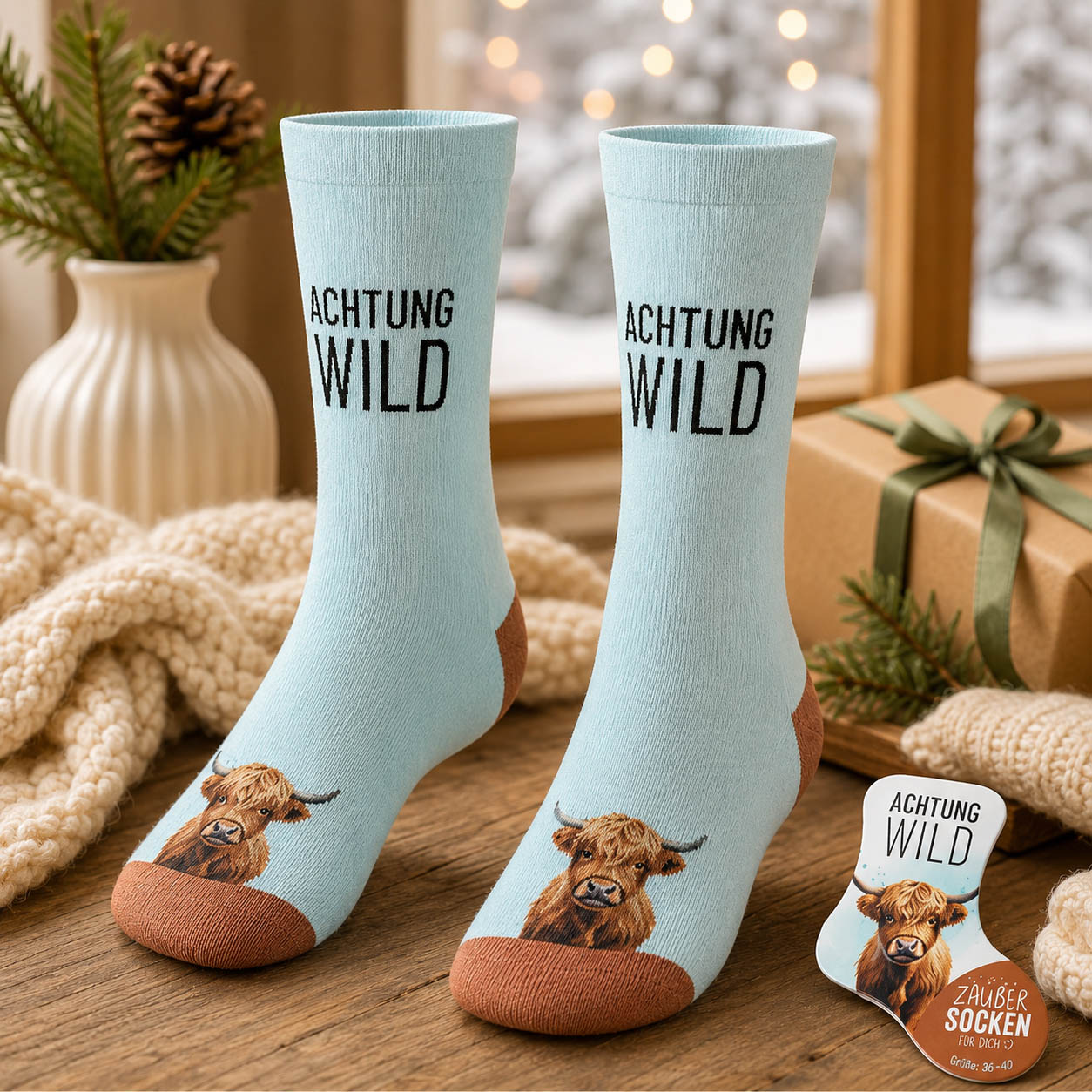 Zaubersocken Achtung Wild mit Highland-Rind auf gemütlicher Deko-Szene mit Trockenblumen und Kerze