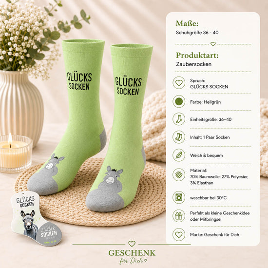 Infografik Zaubersocken Glücks Socken – Esel, Größe 36-40, 70% Baumwolle, waschbar bei 30 Grad