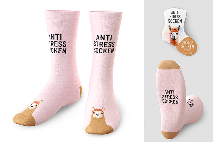 Zaubersocken Anti Stress Socken in Rosa mit Lama-Motiv, 1 Paar Gr. 36-40 – Geschenk für Dich