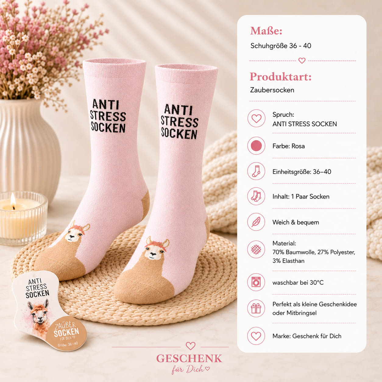 Infografik Zaubersocken Anti Stress Socken – Lama, Größe 36-40, 70% Baumwolle, waschbar bei 30 Grad