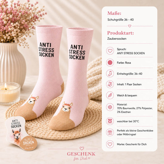 Infografik Zaubersocken Anti Stress Socken – Lama, Größe 36-40, 70% Baumwolle, waschbar bei 30 Grad