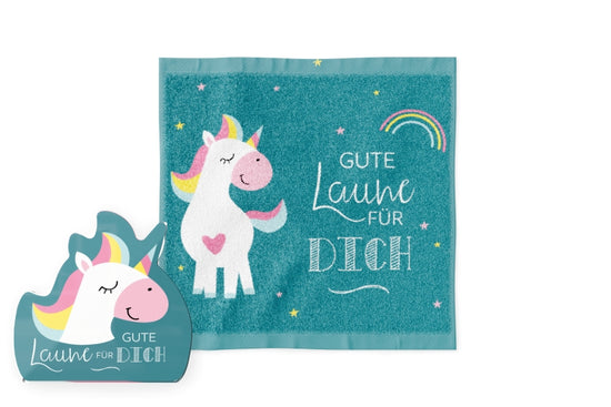 378582 Magisches Handtuch mit Aufschrift Gute Laune für Dich Motiv Einhorn von Geschenk für Dich, 4027268338764