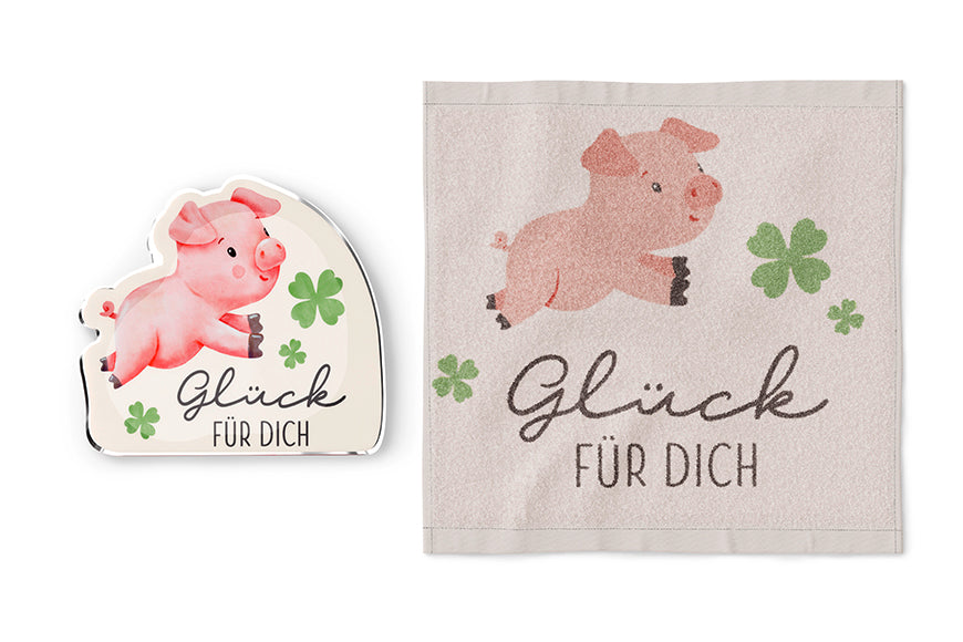 Magisches Handtuch „Glück für Dich“ von Geschenk für Dich – Zauberhandtuch mit Glücksschweinchen & Kleeblattmotiv