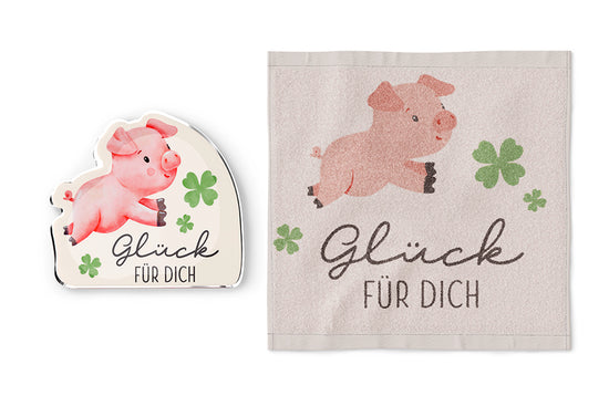 Magisches Handtuch „Glück für Dich“ von Geschenk für Dich – Zauberhandtuch mit Glücksschweinchen & Kleeblattmotiv