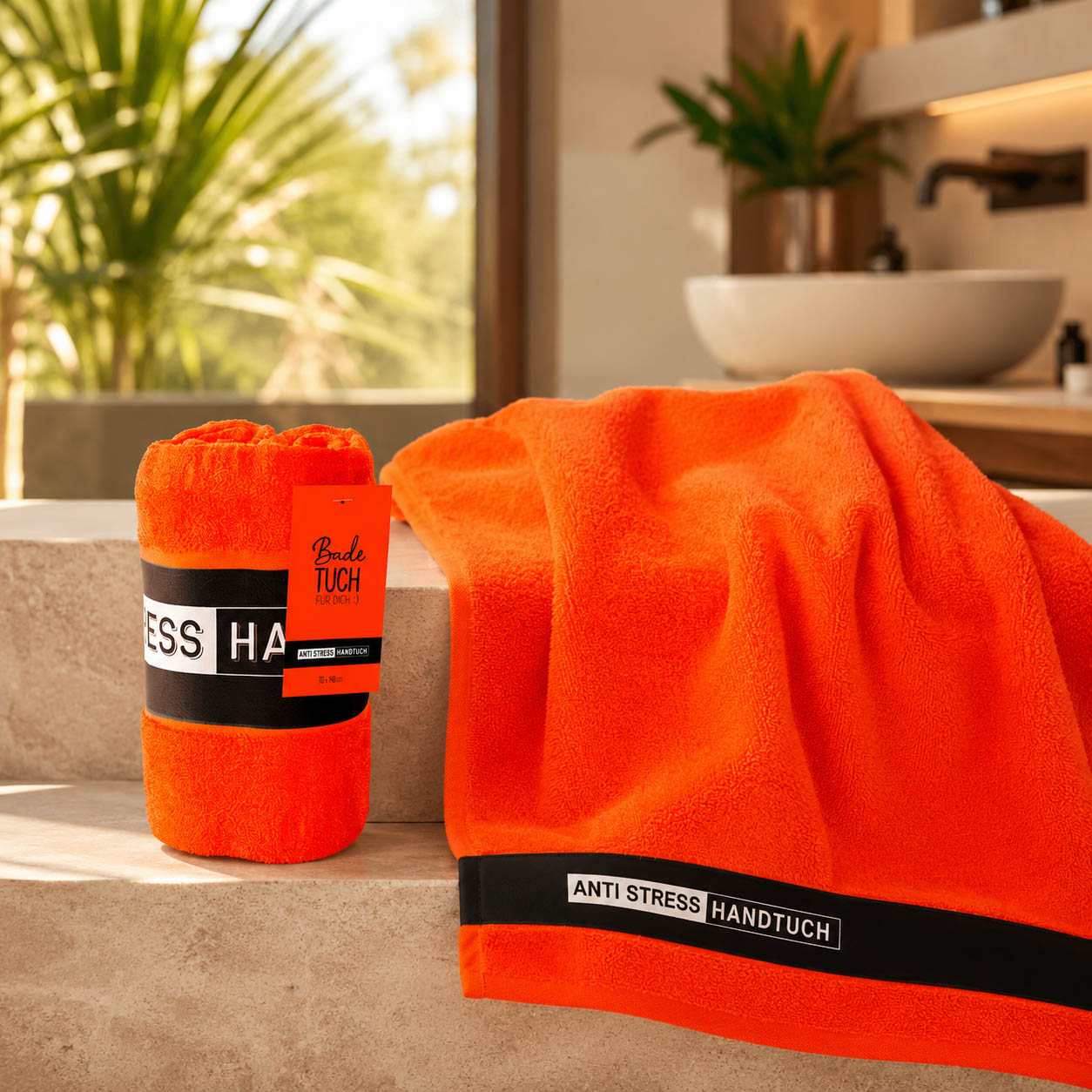 Badetuch Anti Stress orange in Anwendung, Saunatuch von Geschenk für Dich