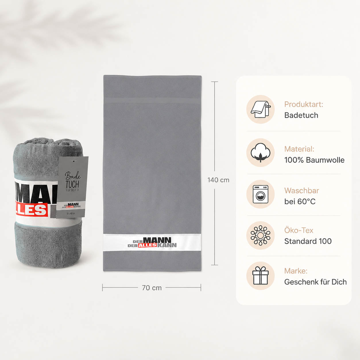 Infografik Badetuch Der Mann der alles kann: 70x140 cm, 100% Baumwolle, waschbar 60°C, Öko-Tex Standard 100