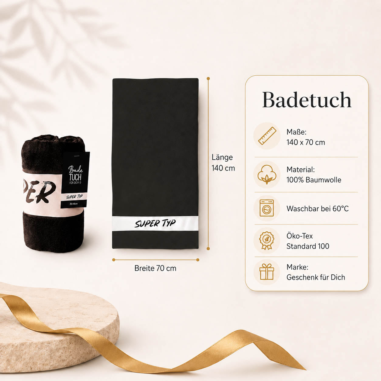 Infografik Badetuch Super Typ: 70x140 cm, 100% Baumwolle, waschbar 60°C, Öko-Tex Standard 100