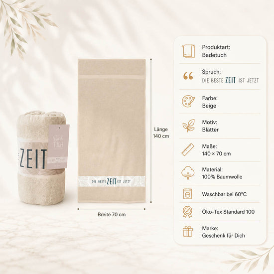 Infografik Badetuch Die beste Zeit ist jetzt: 70x140 cm, 100% Baumwolle, waschbar 60°C, Öko-Tex Standard 100