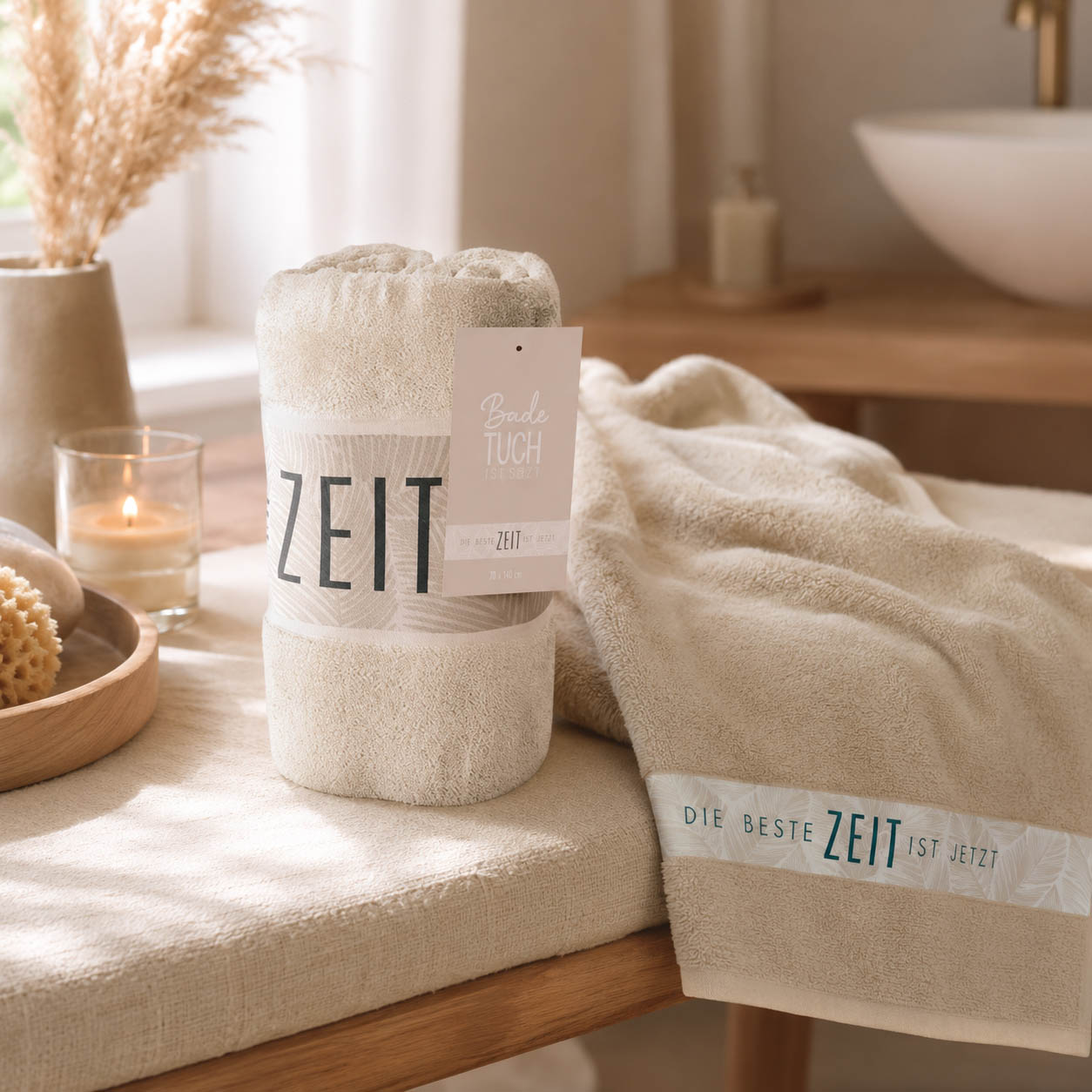 Badetuch Die beste Zeit ist jetzt beige in Anwendung, Saunatuch von Geschenk für Dich