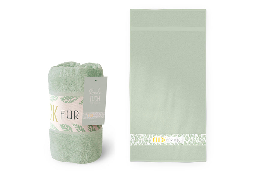 379394 salbeigrünes grünes Badetuch mit Spruch Glück für Dich, Saunatuch, Strandtuch von Geschenk für Dich