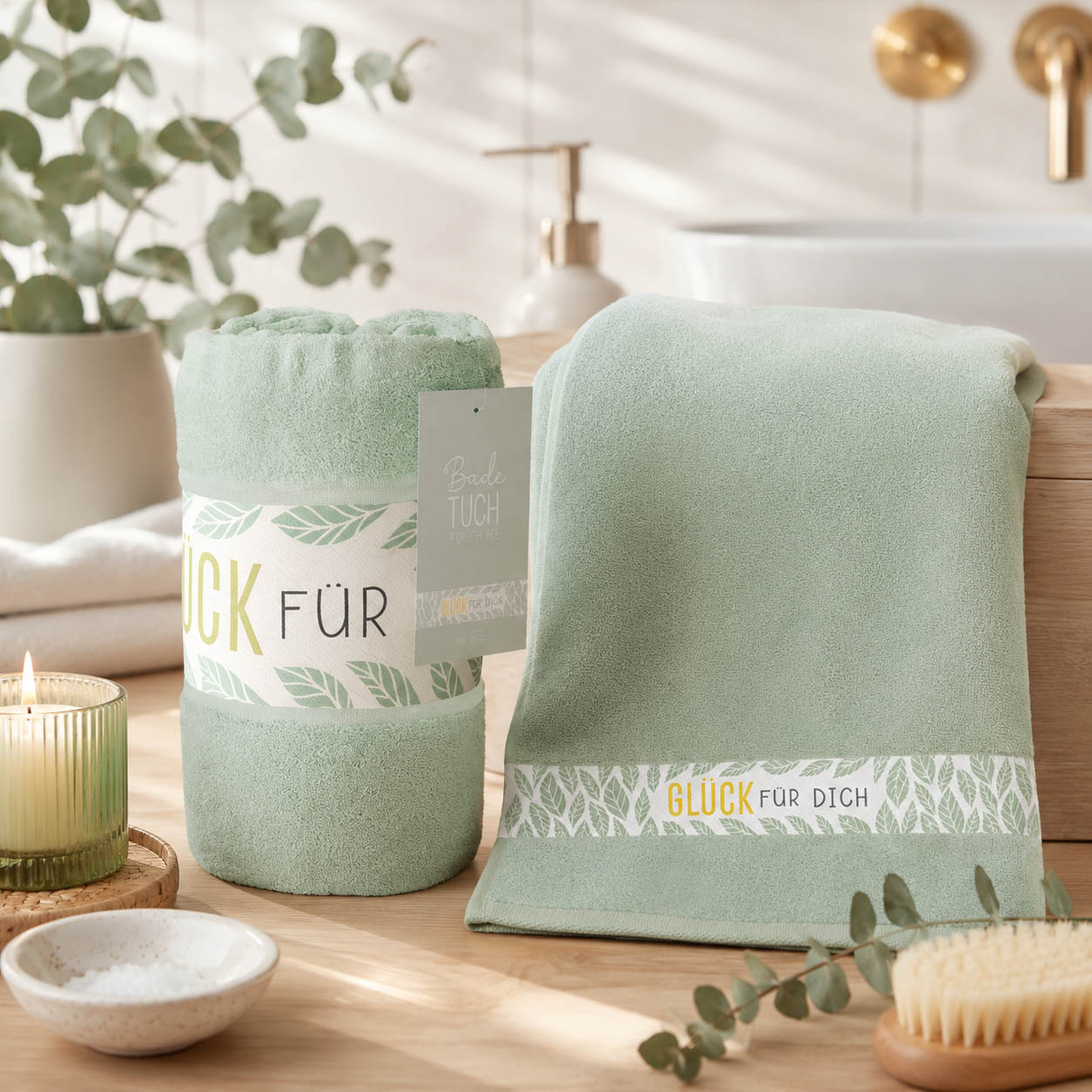 Badetuch Glück für Dich salbeigrün in Anwendung, Saunatuch von Geschenk für Dich