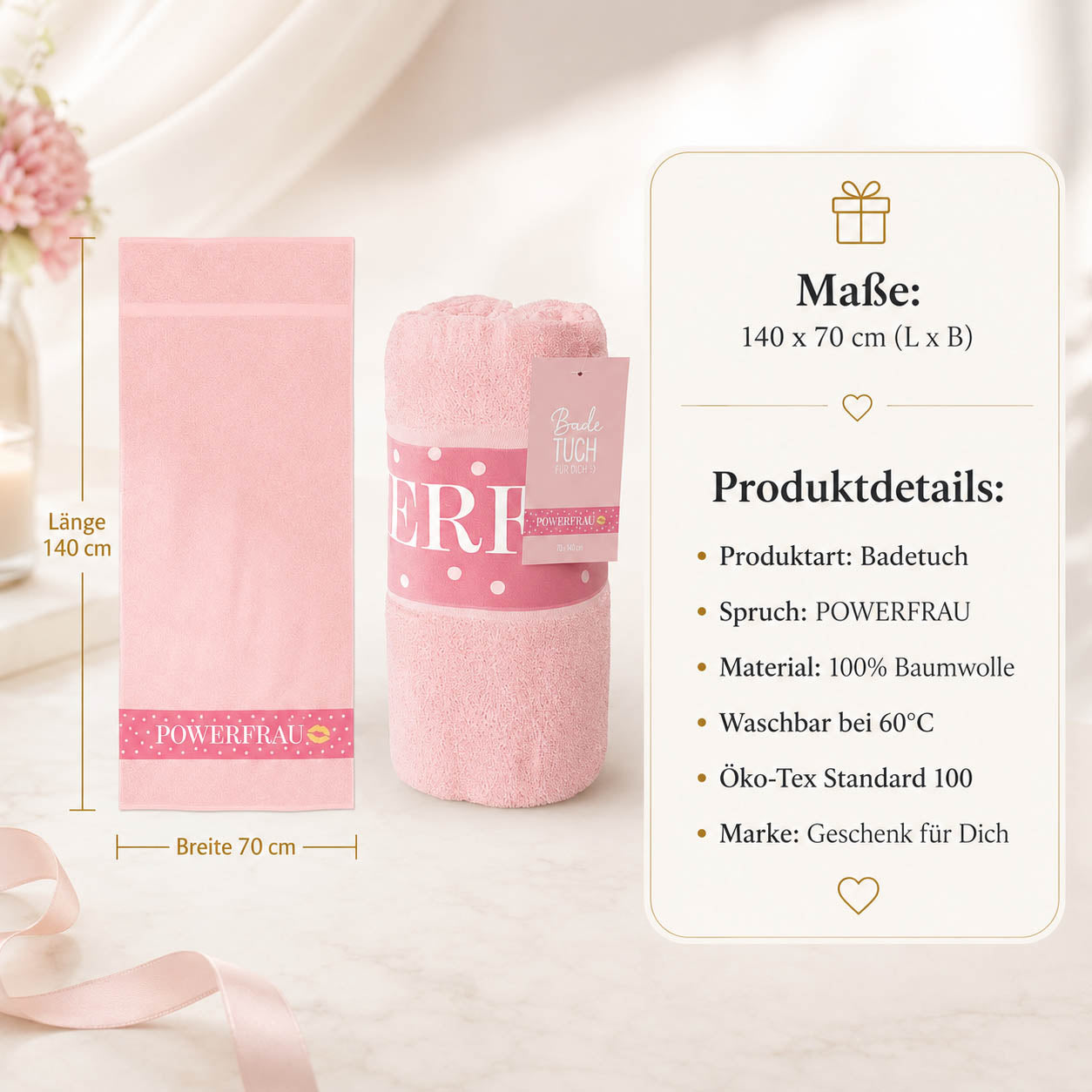 Infografik Badetuch Powerfrau: 70x140 cm, 100% Baumwolle, waschbar 60°C, Öko-Tex Standard 100