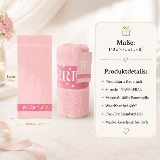 Infografik Badetuch Powerfrau: 70x140 cm, 100% Baumwolle, waschbar 60°C, Öko-Tex Standard 100
