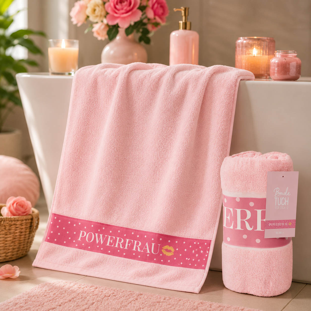 Badetuch Powerfrau rosa in Anwendung, Saunatuch von Geschenk für Dich