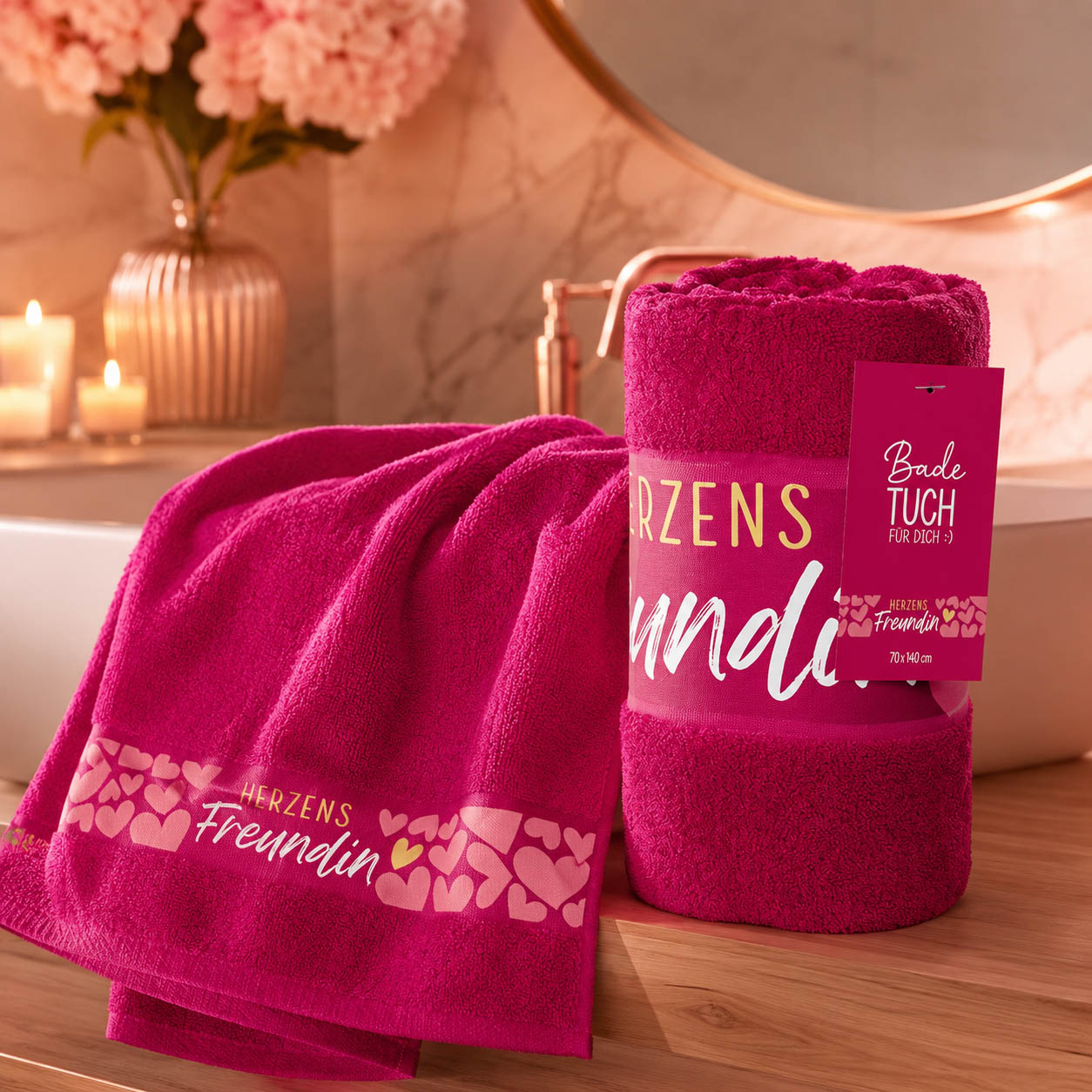 Badetuch Herzens Freundin pink in Anwendung, Saunatuch von Geschenk für Dich