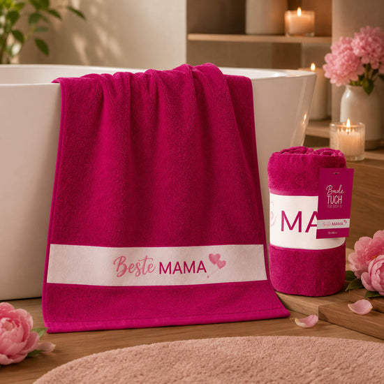 Badetuch Beste Mama pink in Anwendung, Saunatuch von Geschenk für Dich