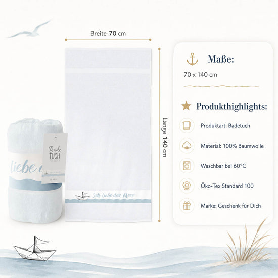 Infografik Badetuch Ich liebe das Meer: 70x140 cm, 100% Baumwolle, waschbar 60°C, Öko-Tex Standard 100