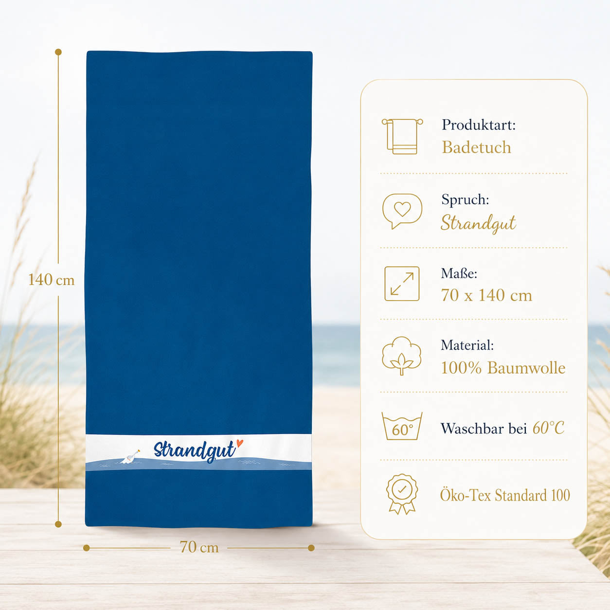 Infografik Badetuch Strandgut: 70x140 cm, 100% Baumwolle, waschbar 60°C, Öko-Tex Standard 100