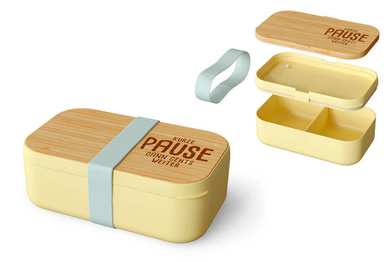 Brotdose „Kurze Pause, dann geht's weiter" in Gelb mit Bambus-Deckel – Happy Greetings