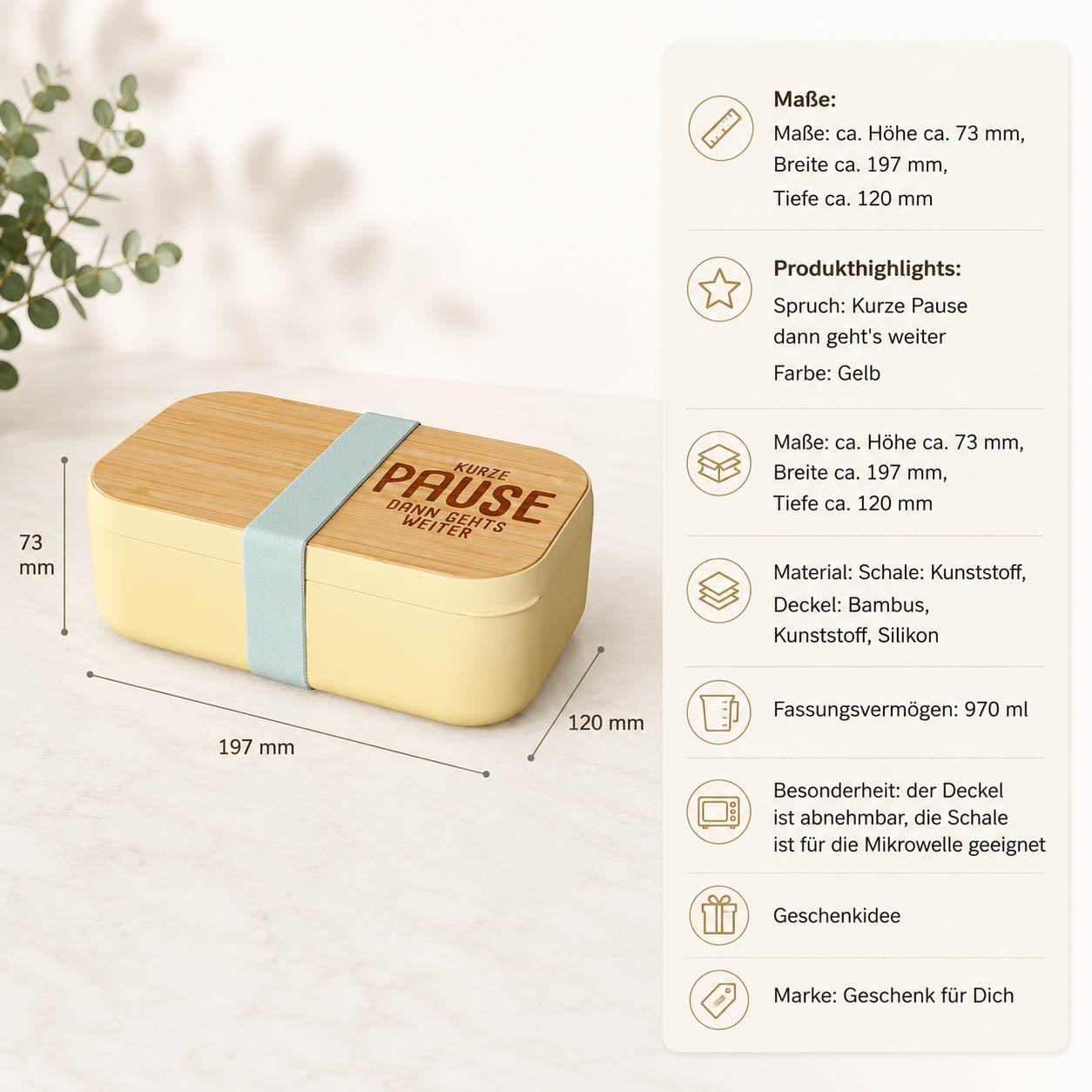 Brotdose „Kurze Pause, dann geht's weiter" Detailansicht Bambus-Deckel – Happy Greetings