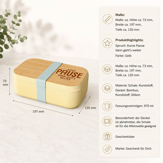 Brotdose „Kurze Pause, dann geht's weiter" Detailansicht Bambus-Deckel – Happy Greetings