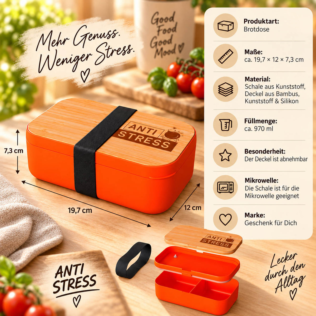 Brotdose „Anti Stress“ Infografik: 970 ml, 19,7 × 12 × 7,3 cm, Deckel aus Bambus