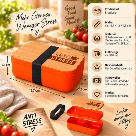 Brotdose „Anti Stress“ Infografik: 970 ml, 19,7 × 12 × 7,3 cm, Deckel aus Bambus