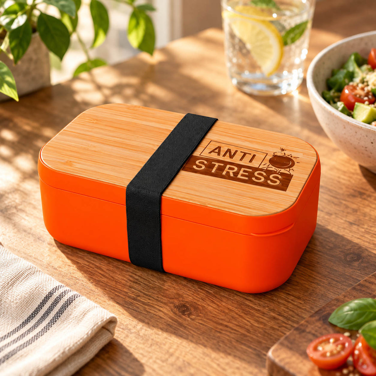 Brotdose „Anti Stress“ in Orange mit Bambusdeckel – Stimmungsbild