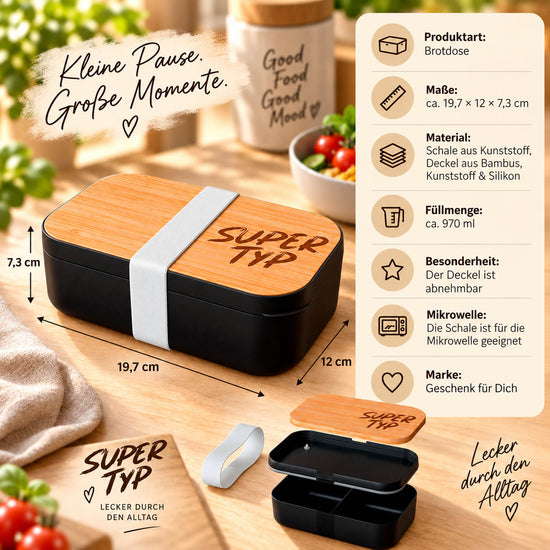 Brotdose „Super Typ“ Infografik: 970 ml, 19,7 × 12 × 7,3 cm, Deckel aus Bambus