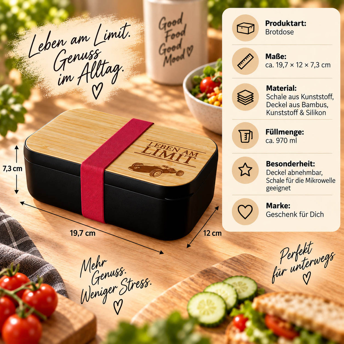 Brotdose „Leben am Limit“ Infografik: 970 ml, 19,7 × 12 × 7,3 cm, Deckel aus Bambus