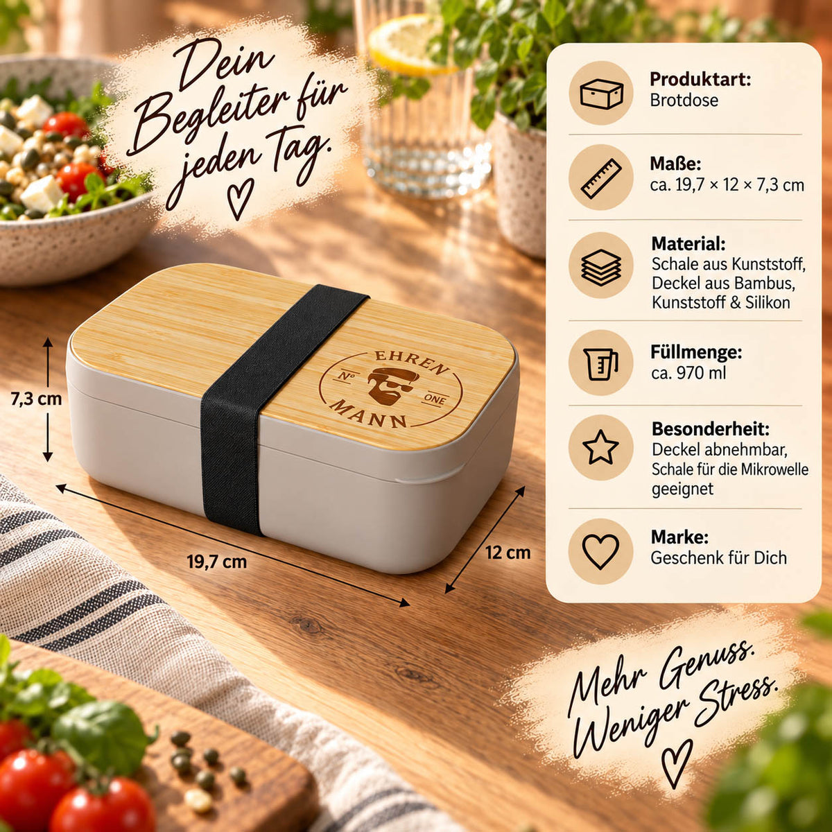 Brotdose „Ehrenmann“ Infografik: 970 ml, 19,7 × 12 × 7,3 cm, Deckel aus Bambus