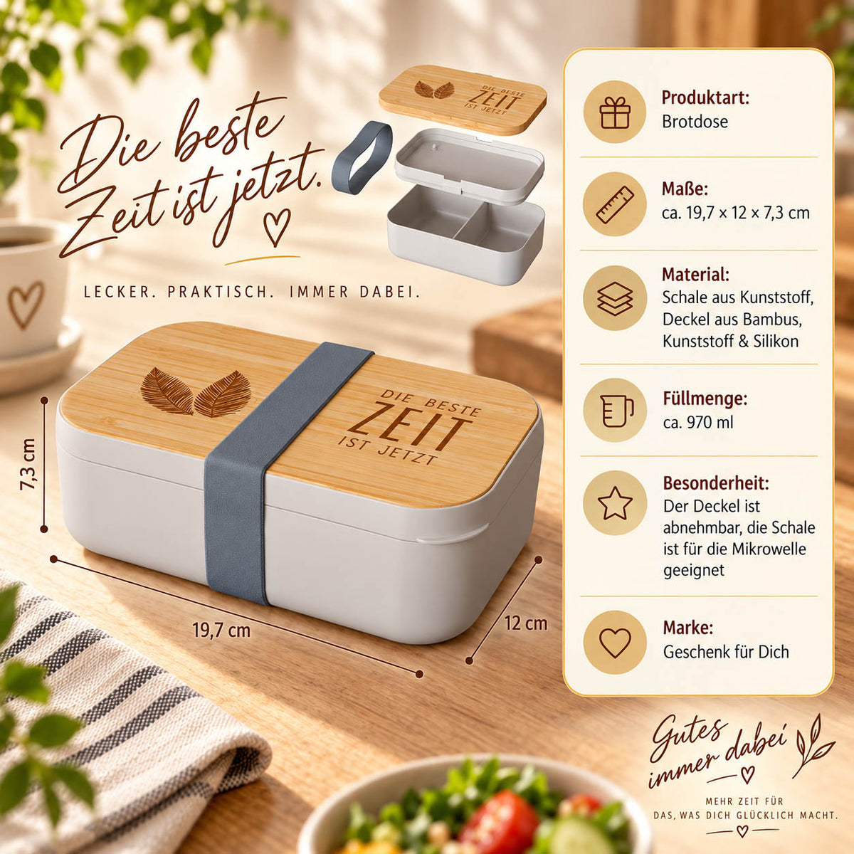 Brotdose „Die Beste Zeit ist jetzt“ Infografik: 970 ml, 19,7 × 12 × 7,3 cm, Deckel aus Bambus