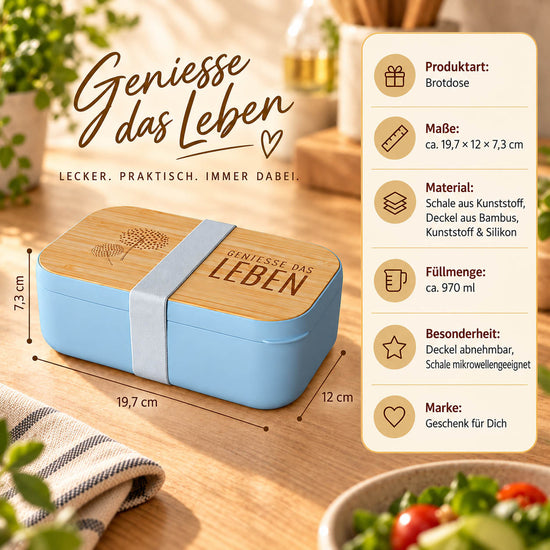 Brotdose „Genieße das Leben“ Infografik: 970 ml, 19,7 × 12 × 7,3 cm, Deckel aus Bambus