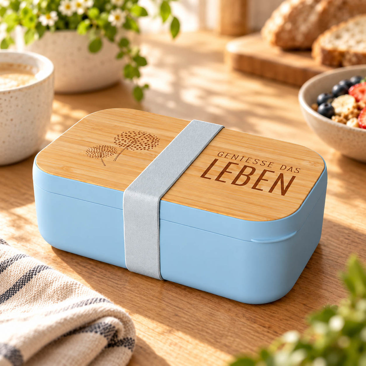 Brotdose „Genieße das Leben“ in Blau mit Pusteblume – Stimmungsbild