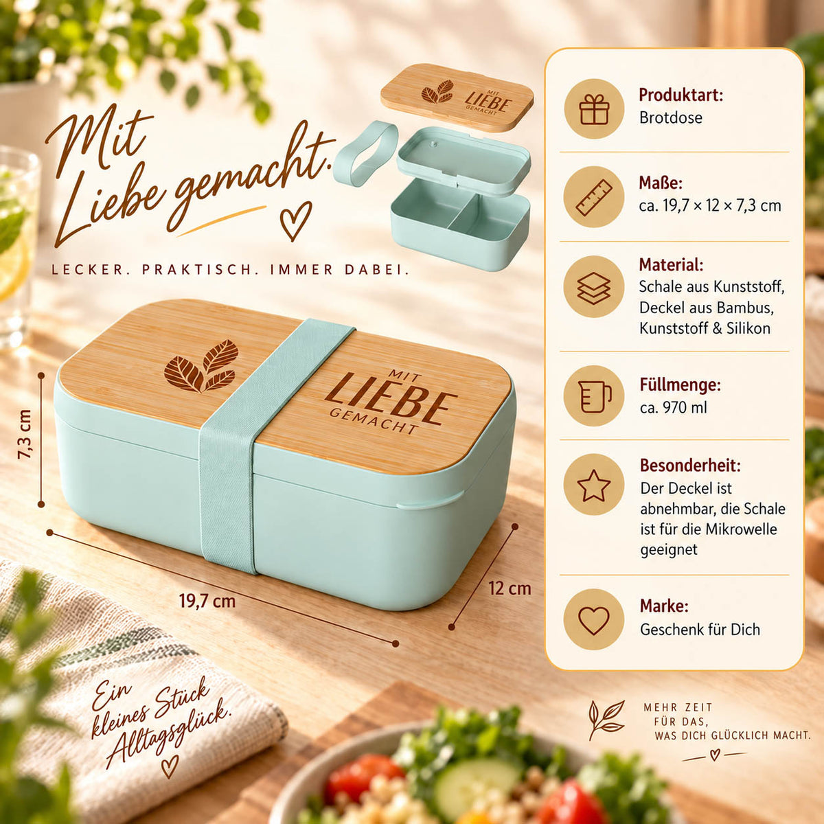 Brotdose „Mit Liebe gemacht“ Infografik: 970 ml, 19,7 × 12 × 7,3 cm, Deckel aus Bambus