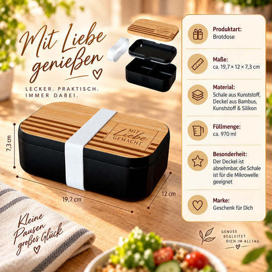Brotdose „Mit Liebe gemacht“ Schwarz Infografik: 970 ml, 19,7 × 12 × 7,3 cm, Deckel aus Bambus