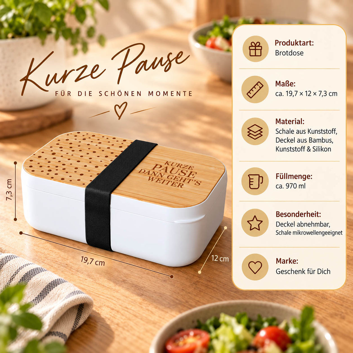 Brotdose „Kurze Pause“ Infografik: 970 ml, 19,7 × 12 × 7,3 cm, Deckel aus Bambus