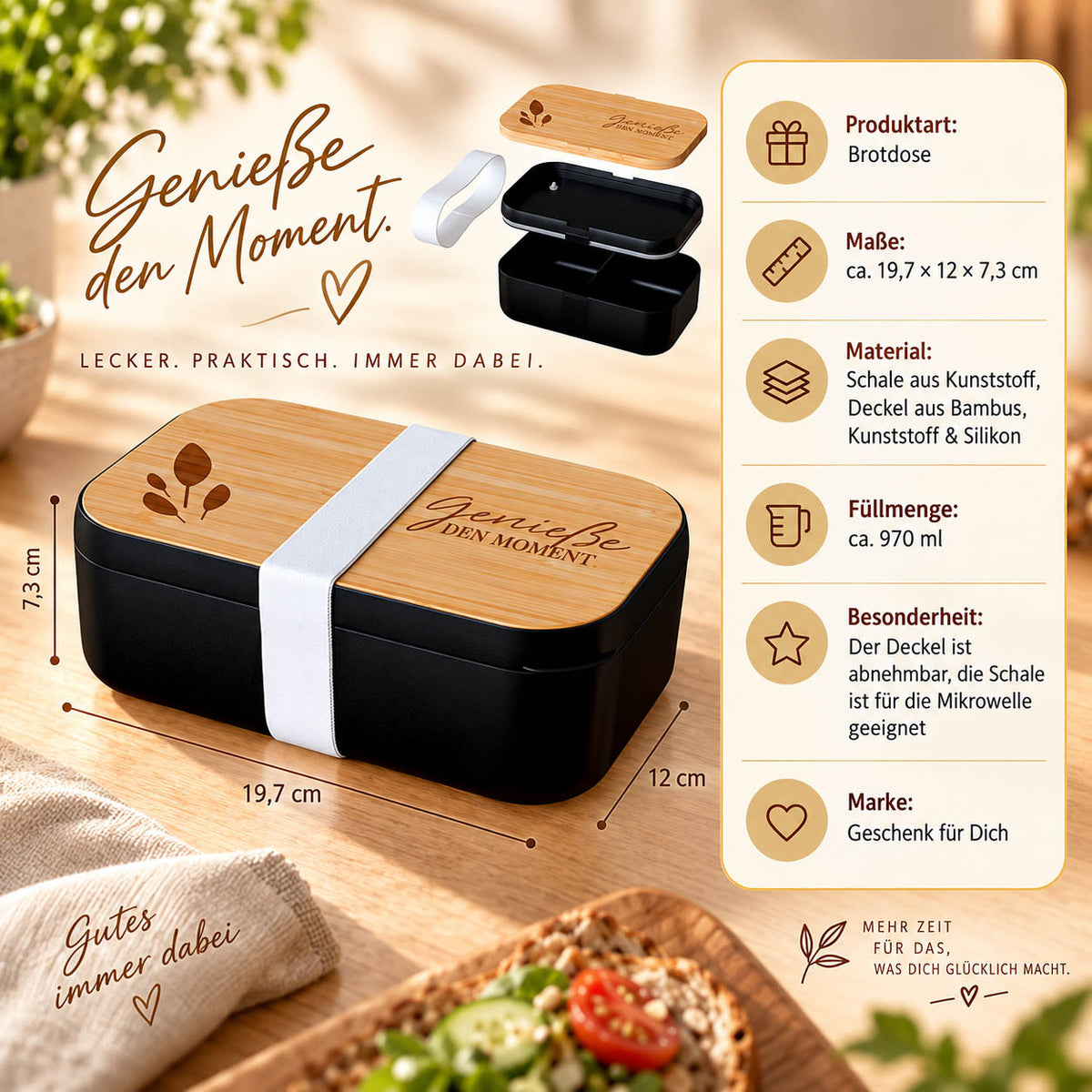 Brotdose „Genieße den Moment“ Infografik: 970 ml, 19,7 × 12 × 7,3 cm, Deckel aus Bambus