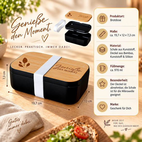 Brotdose „Genieße den Moment“ Infografik: 970 ml, 19,7 × 12 × 7,3 cm, Deckel aus Bambus