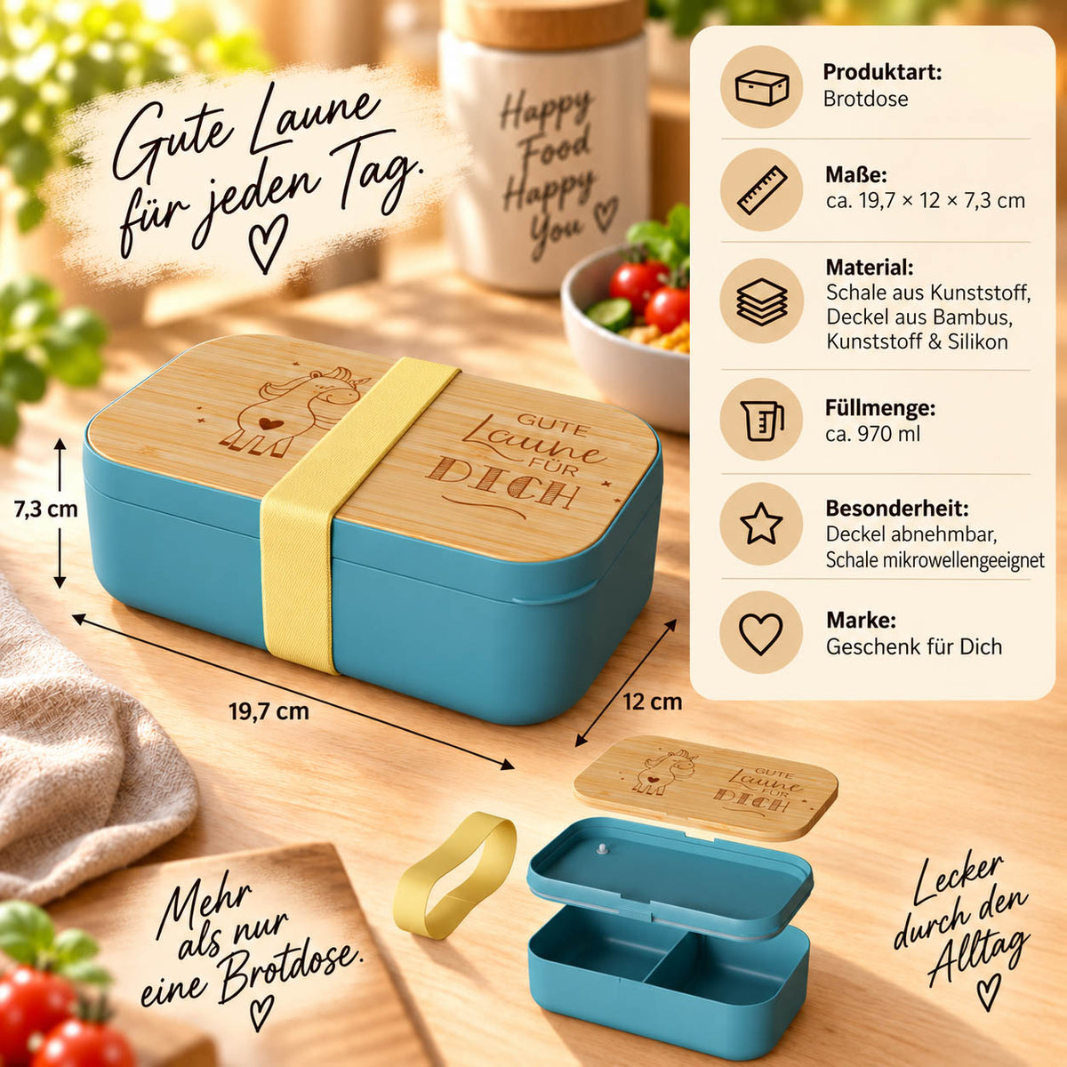 Brotdose Einhorn Infografik: 970 ml, 19,7 × 12 × 7,3 cm, Deckel aus Bambus