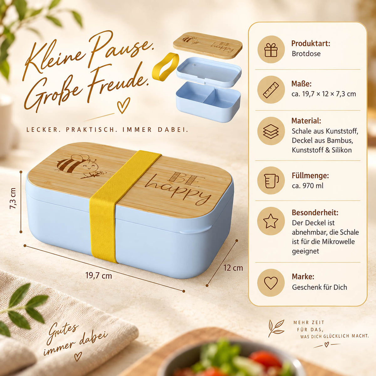 Brotdose Biene „Be Happy“ Infografik: 970 ml, 19,7 × 12 × 7,3 cm, Deckel aus Bambus