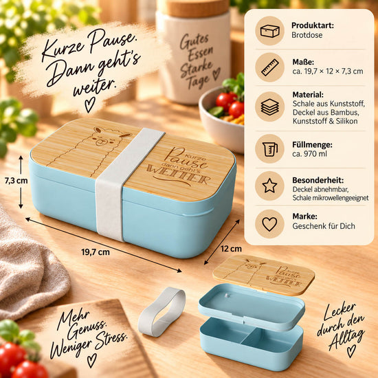Brotdose Lama Infografik: 970 ml, 19,7 × 12 × 7,3 cm, Deckel aus Bambus