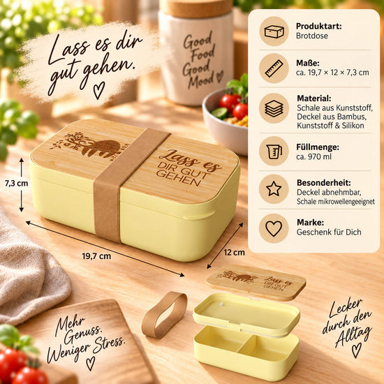 Brotdose Faultier Infografik: 970 ml, 19,7 × 12 × 7,3 cm, Deckel aus Bambus