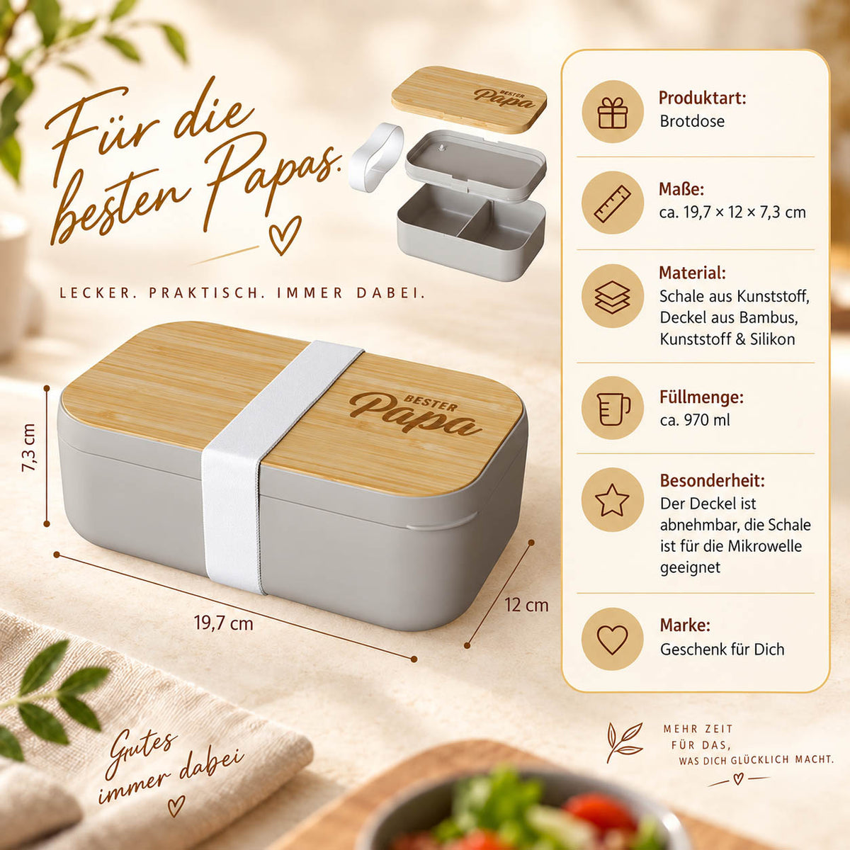 Brotdose „Bester Papa“ Infografik: 970 ml, 19,7 × 12 × 7,3 cm, Deckel aus Bambus