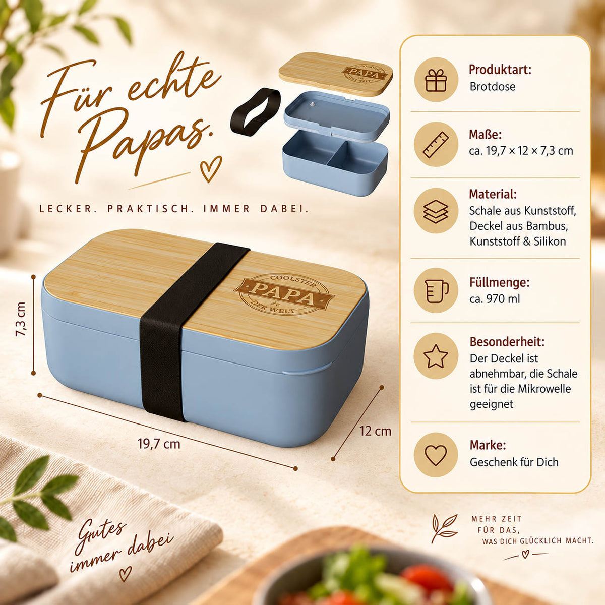 Brotdose „Coolster Papa der Welt“ Infografik: 970 ml, 19,7 × 12 × 7,3 cm, Deckel aus Bambus
