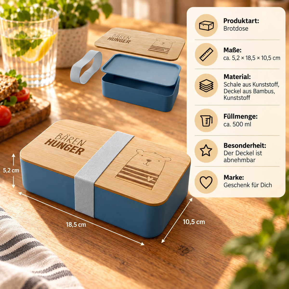 Kinder Brotdose Eisbär Infografik: 500 ml, 18,5 × 10,5 × 5,2 cm, Bambusdeckel