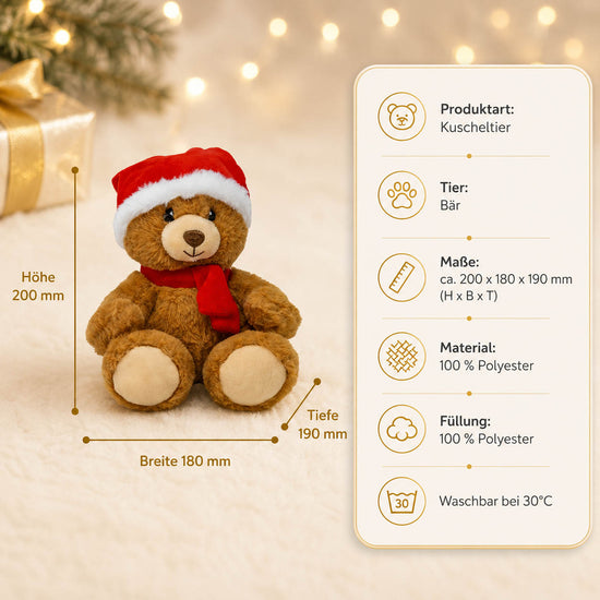 Infografik Kuscheltier Weihnachtsbär – Maße 200x180x190 mm, 100% Polyester, waschbar bei 30 Grad