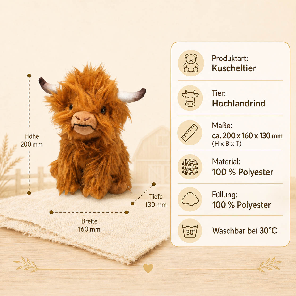 Infografik Kuscheltier Hochlandrind Bernd – Maße 200x160x130 mm, 100% Polyester, waschbar bei 30 Grad